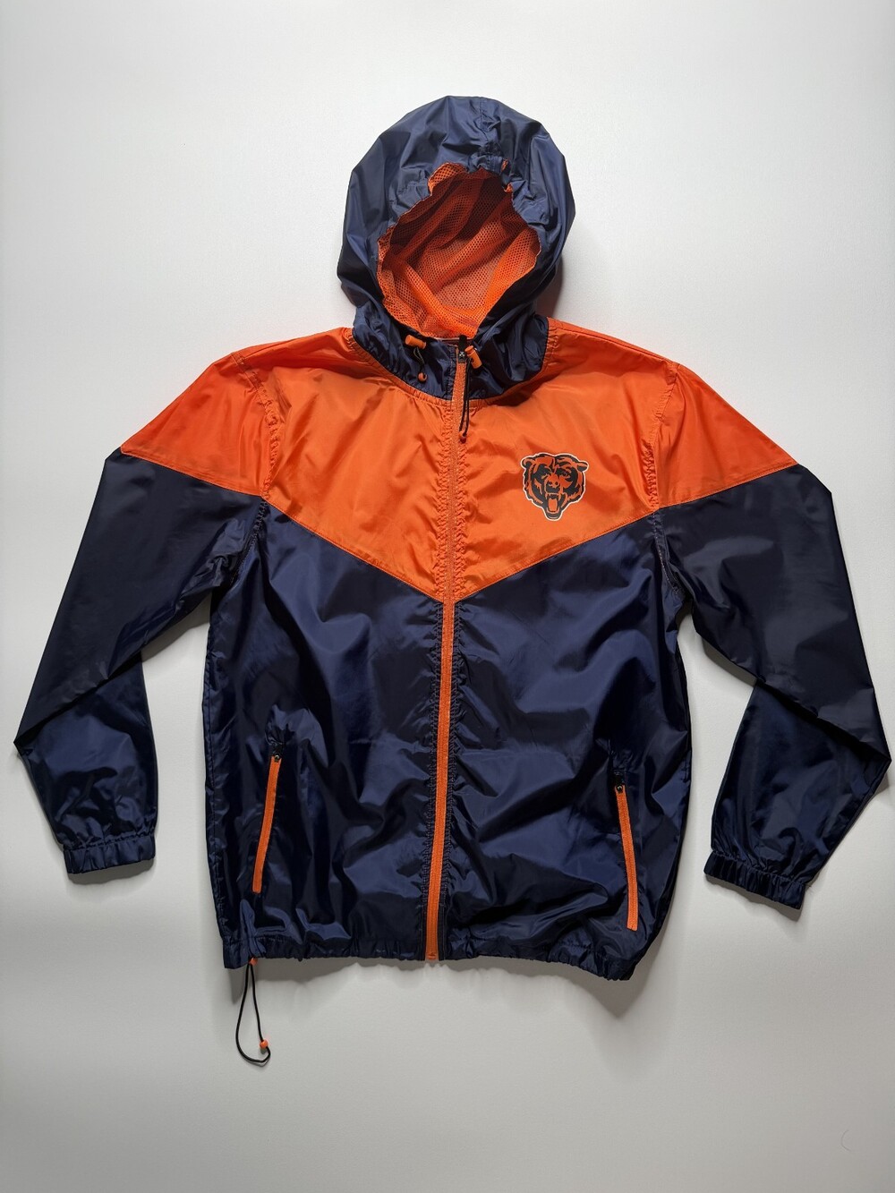 Chicago Bears NFL Team Apparel Windbreaker Jacket Mens Medium Orange Navy Hooded